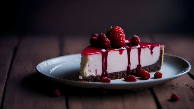 Chocolate cake with raspberry, plate with delicious raspberry cheesecake on a wooden background