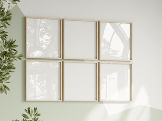 six square frames on the white and green wall, boy room interior frame mockup, print mockup, baby room mockup, kids room mockup, nursery interior frame mockup, gallery wall mockup, 3d render