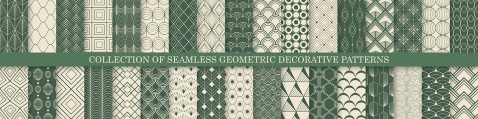 Collection of seamless ornamental luxury patterns - geometric vintage design. Repeatable beige and green elegant backgrounds. Symmetry endless prints
