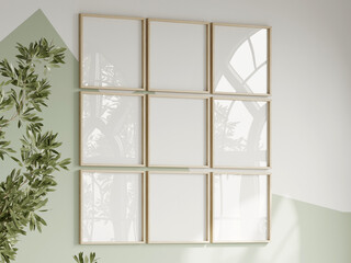 nine square frames on the white and green wall, boy room interior frame mockup, print mockup, baby room mockup, kids room mockup, nursery interior frame mockup, gallery wall mockup, 3d render