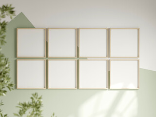 eight square frames on the white and green wall, boy room interior frame mockup, print mockup, baby room mockup, kids room mockup, nursery interior frame mockup, gallery wall mockup, 3d render