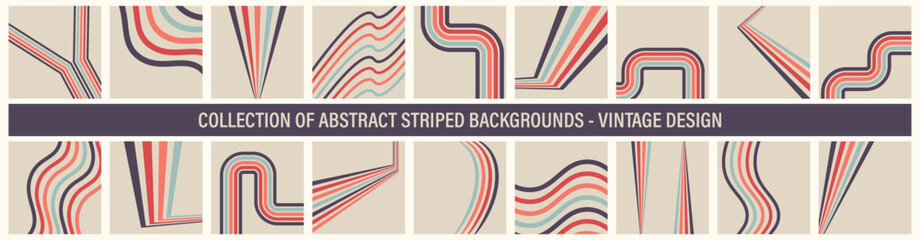 Collection of colorful striped abstract backgrounds, posters, templates, placards, brochures, banners, flyers and etc. Trendy covers with lines - vintage creative design 80-90s. Retro minimal cards