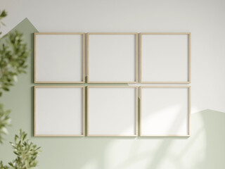 six square frames on the white and green wall, boy room interior frame mockup, print mockup, baby room mockup, kids room mockup, nursery interior frame mockup, gallery wall mockup, 3d render