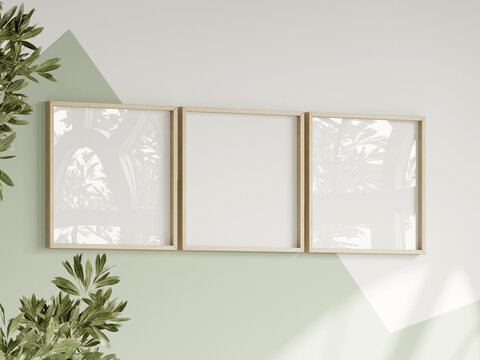 three square frames on the white and green wall, boy room interior frame mockup, print mockup, baby room mockup, kids room mockup, nursery interior frame mockup, gallery wall mockup, 3d render