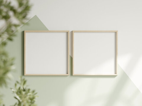 two square frame on the white and green wall, boy room interior frame mockup, print mockup, baby room mockup, kids room mockup, nursery interior frame mockup, gallery wall mockup, 3d render