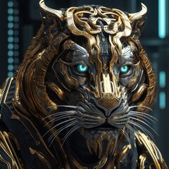 octane render of cyberpunk tiger, chrome silk with intricate ornate weaved golden filiegree, dark mysterious background