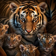 A closeup of a cute group of tiger, highly tiger, a bunch of tiger, clan of tiger, a stack of tiger, a heap of tiger, posteresque, higly collored, stunning, catchlight, super cute