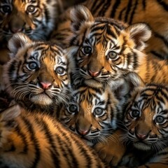 Fototapeta premium A closeup of a cute group of tiger, highly tiger, a bunch of tiger, clan of tiger, a stack of tiger, a heap of tiger, posteresque, higly collored, stunning, catchlight, super cute