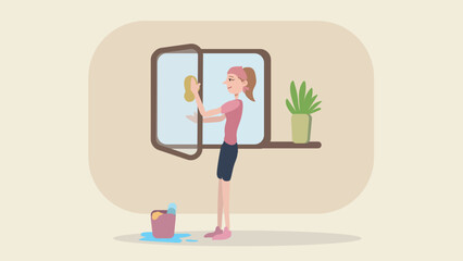 Woman washing window. Housework, cleaning service worker. Female with cloth. Cleaner window glass, washing housework, character housekeeping woman cleaning home, wiping window.