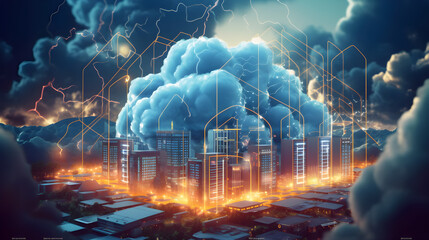 Generative AI visualizes online security issues with a server room under a thunderstorm