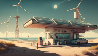 AI-generated illustration of a service station by the shore with solar panels and wind turbines. MidJourney.