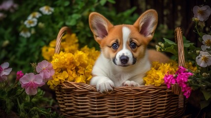 Welsh Corgi Puppy in a Basket of Flowers