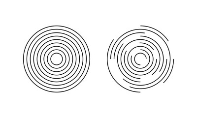Set of circular ripple icons. Concentric circles with whole and broken lines isolated on white background. Vortex, sonar wave, sound wave, sunburst, signal signs