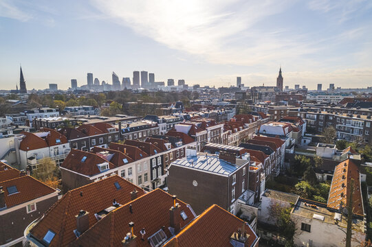 birdseye view of the residential area in Hague, city center in the background, Netherlands. High quality photo