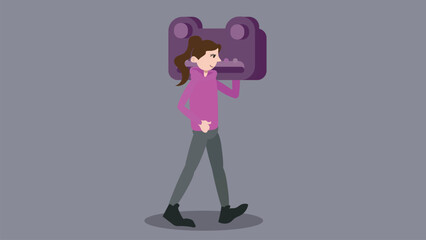 Young teenager character carrying boombox. woman walking and carrying a boom box radio on his shoulder, Vector.