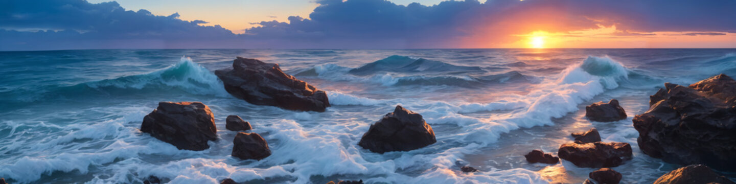 Panorama of a sunset over the ocean with waves crashing on the shore and several big stones in the water. Seascape illustration with sand beach, cloudy sky and setting sun. Generative AI
