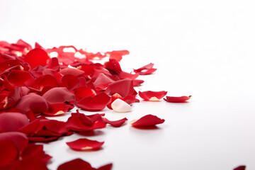 red rose petals, white background