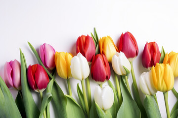 Purple, yellow and red tulips on white background