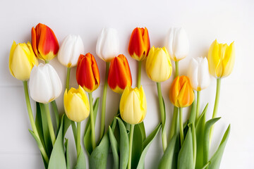 Bouquet of white. yellow and red tulips on white background