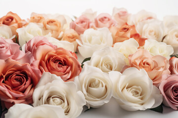 White, orange and pink roses close up background