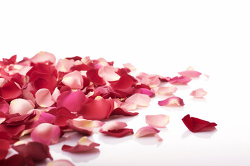 Pink and red rose petals, white background