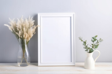 Mock-up plain white picture frame with flowers background