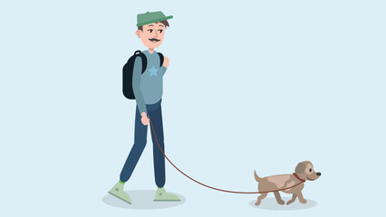 Dog walking. The man holding dog leash, dog and man walking around. The man with the moustache and backpack is on dog walking. 