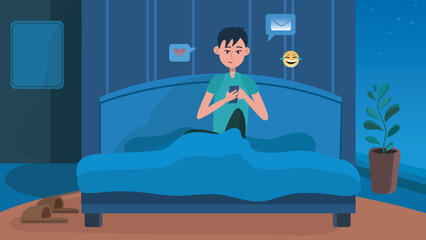 Male with telephone in her bed and texting something on the phone. Male in dark bedroom at night chatting on the phone with emoji icons around her. - obrazy, fototapety, plakaty