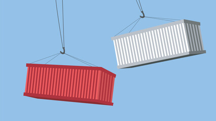 Trade concept, port crane lift two cargo containers. vector illustration backgrounds. Isolated vector. Blue background.