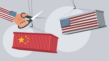 USA and China trade war concept, port crane lift two cargo containers. vector illustration backgrounds. Isolated. vector 