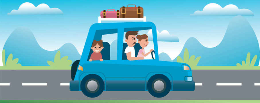 Concept of adventures of family vacations. Happy family are travelling together by car. Father, mother, daughter, and son. Beautiful mountains landscape. Car on road trip.
