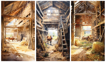 Fototapeta premium Set of watercolour illustrations of a rustic vintage barn interior with livestock. Greeting cards and envelopes artwork.