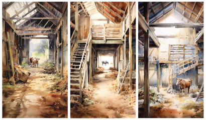 Fototapeta na wymiar Set of watercolour illustrations of a rustic vintage barn interior with livestock. Greeting cards and envelopes artwork.
