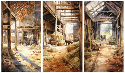 Set of watercolour illustrations of a rustic vintage barn interior with livestock. Greeting cards and envelopes artwork.