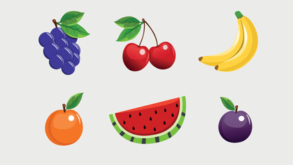 Illustration of fresh fruit, Grape, banana, watermelon, apricot, plum, cherry, icon set, Vector illustration.