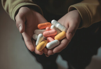 manos sosteniendo capsulas de colores de medicinas o vitaminas. Ilustración generativa de IA