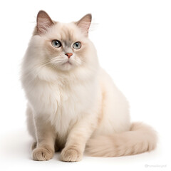 Fluffy cute soft cream furred cat with grey eyes with white plain background 