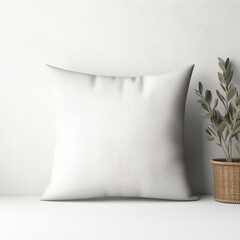Plain blank white square pillow mock-up with plants interior