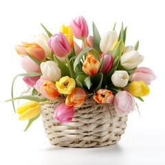 Array of multi-coloured flowers in a wooden basket image 