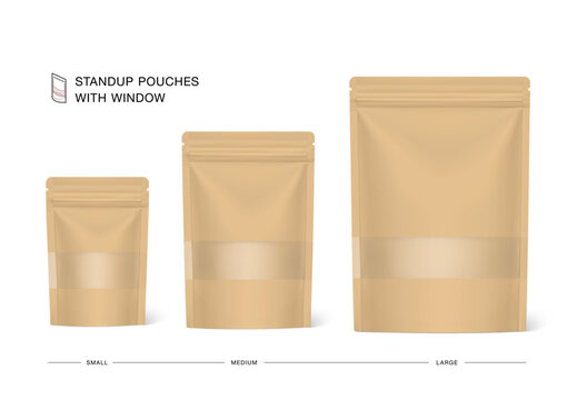 Stand up kraft pouch bag with transparent window mockup set. Vector illustration. Front view. Can be use for template your design, presentation, promo, ad. EPS10.