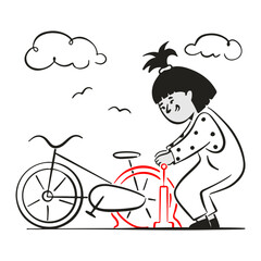 woman using pump filling air in flat tire