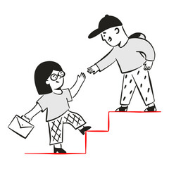 Young man helping woman up stairs