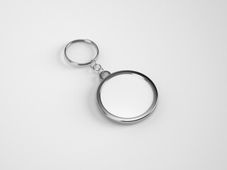 Blank metal square white key chain mockup top view, 3d rendering. Clear silver keychain design mock up isolated. 3d illustration isolated on white background.