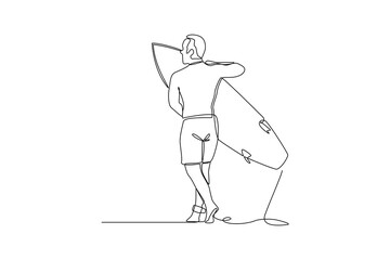 Single one line drawing happy boy playing surf on the beach in summer holiday. Summer beach concept. Continuous line draw design graphic vector illustration.