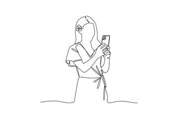 Single one line drawing happy woman in summer costume take photo. Summer beach concept. Continuous line draw design graphic vector illustration.