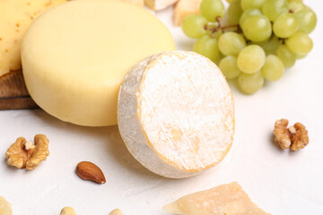 Different types of tasty cheese on light background, closeup