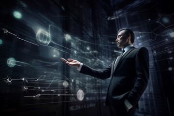 A hyper-realistic image of a modern businessman surrounded by digital banking and financial data networks, his finger hovering above a virtual bank's interface.