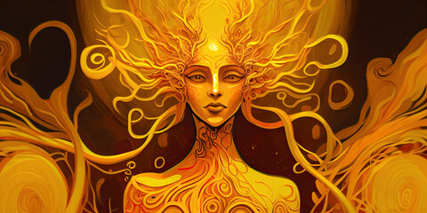 Yellow A divine idol of a mythical woman is enshrined. Abstract, Elegant and Modern AI-generated illustration