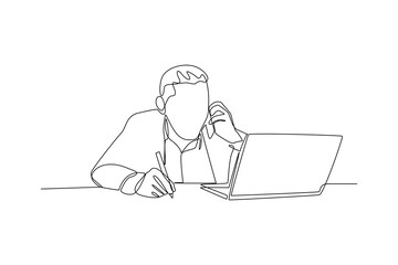 Continuous one line drawing businessman working in front of the laptop. Business activities concept. Single line draw design vector graphic illustration.