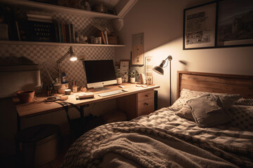 A hyper-realistic workspace is set up in the corner of a cozy bedroom.